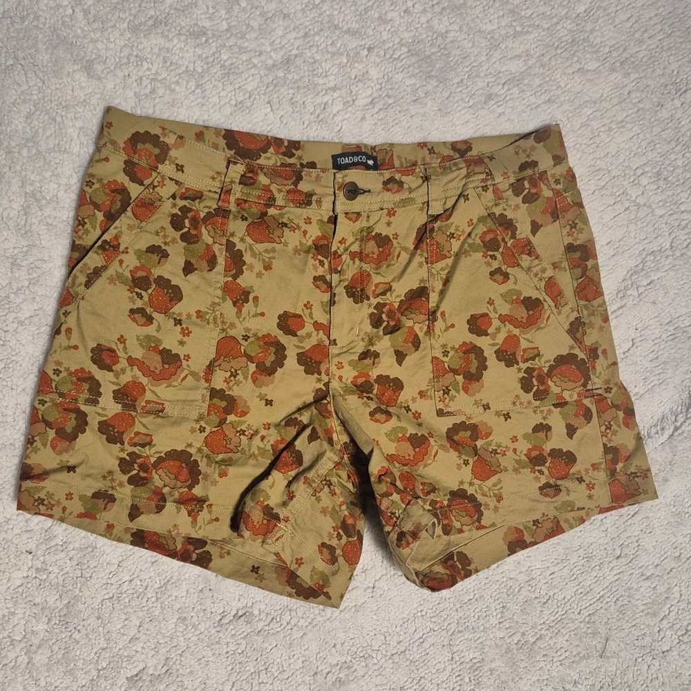 Toad&Co Womens Floral Organic Cotton Tencel Stretch Utility Shorts Tan Size 12